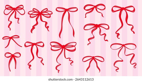 Vintage Coquette Red Bows in Hand-Drawn Whimsical Style Ribbon Set, Cute Flirtatious Bow Clipart Collection Perfect for Gift Illustration or Retro Vector Design.