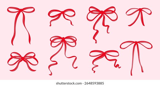 Vintage Coquette Red Bows in Hand-Drawn Whimsical Style Ribbon Set, Cute Flirtatious Bow Clipart Collection Perfect for Gift Illustration or Retro Vector Design.