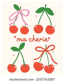 Vintage Coquette Red Cherries Ma Chérie Minimal Flat Design Collection