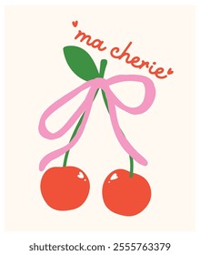 Vintage Coquette Red Cherries with Pink ribbon bow Ma Chérie Minimal Flat Design