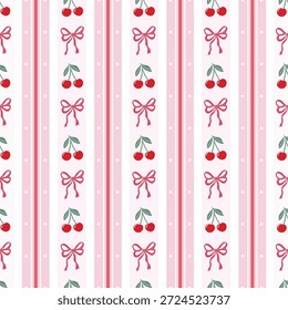 Vintage coquette seamless pattern with cherry and bow, vertical stripes wallpaper in pastel colors, charming background