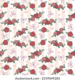 Vintage Coquette Valentine's Rose Seamless Pattern, Cute Preppy Pink Rose Bow,Printable Repeat Digital Paper Background