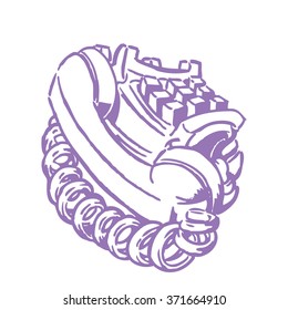 Vintage corded push button phone with its own mouth on the front below the buttons talking into  the receiver  in a bold loose line style