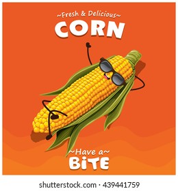 Vintage corn poster design with vector corn character.