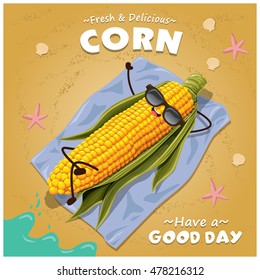Vintage corn poster design with vector corn character.