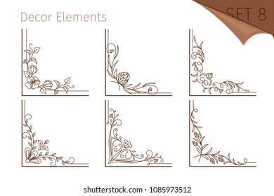 Vintage corner elements. Ornate line floral corners decorative design swirls for retro frames