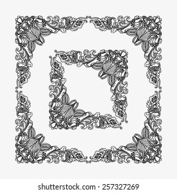 Vintage corner floral ornament decoration 3. Square shape with decorative bird and leaf ornament hand drawn. Good use for certificate design, frame, pattern, label ornamental design, etc.