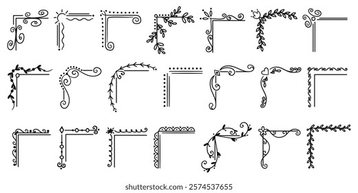 Vintage corners. Vintage books decorative elements. Floral retro design. Elegant old borders. Linear embellishment frame. Graphic flourish. Calligraphy line scrolls