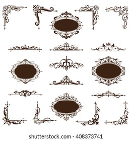 Vintage corners, frames, borders in an old baroque. Components Graphics Black decorative pattern with floral motifs on a white background.