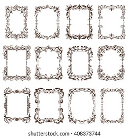 Vintage corners, frames, borders in an old baroque. Components Graphics Black decorative pattern with floral motifs on a white background.