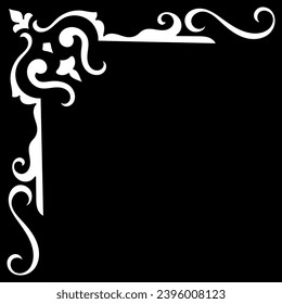 Vintage corners, thin lines Medieval Victorian era Fancy black background white monogram frame, set of abstract icons, simple symbols of Flowers.