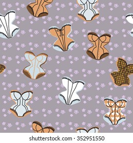 Vintage corsets seamless pattern on the flowers background