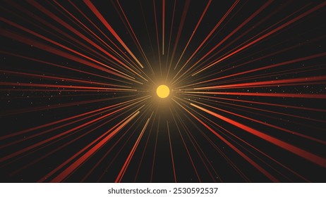 El fondo cósmico de Antiguas con un pulsar brillante lejano emite rayos de luz roja y naranja. Un viaje por el espacio. Concepto de viaje espacial. Estética retro-futurista de mediados de siglo. Ilustración vectorial