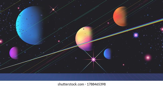 Vintage cosmic background illustration with rainbow and glow laser line, retro tint color vhs style, tech nerd 80s - 90s space odyssey inspitration