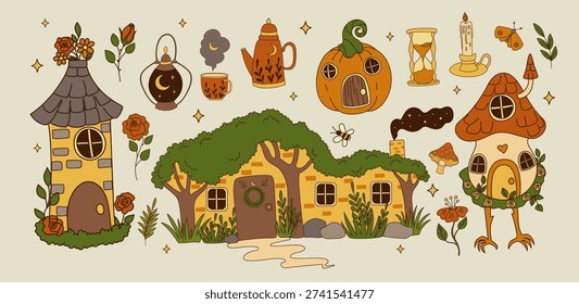 Vintage cottage core magic forest elements. Cute green garden cozy house aesthetic. 