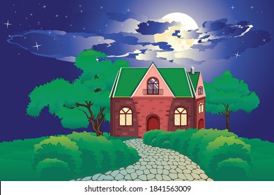 Vintage cottage in countryside, night summer landscape illustration.