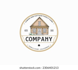 Vintage cottage house logo design badge with hand drawn retro style