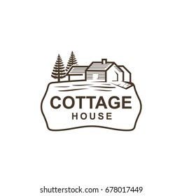 vintage cottage with pine tree, logo design, isolated on white background.