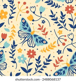 Vintage cottagecore background with flowers and butterflies. Floral vector seamless pattern. Trendy retro aesthetic background. Light limited palette seamless print