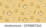 Vintage cottagecore seamless pattern with tea party elements, tea, cup, kettle, teapot and strawberries. Vector background with plants for scrapbooking, textiles. 
