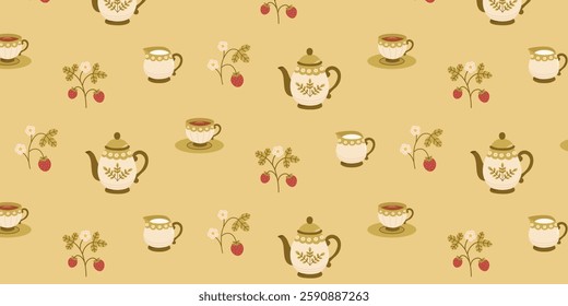 Vintage cottagecore seamless pattern with tea party elements, tea, cup, kettle, teapot and strawberries. Vector background with plants for scrapbooking, textiles. 
