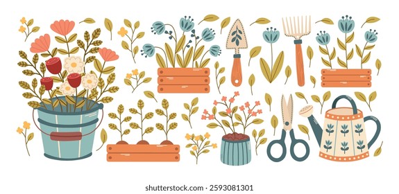 Vintage cottagecore set with garden tools, watering can, trowel, rake, flower beds, leaves, branches, flowers. Botanical gardening cottagecore elements. Vector illustration.  
