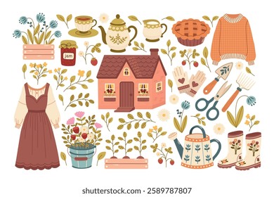 Vintage cottagecore set with summer house elements, garden tools, watering can, flower beds, clothes. Tea party elements and botanical gardening elements, teapot, cup, pie. Vector illustration.  
