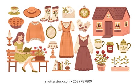 Vintage cottagecore set with summer house elements, garden tools, flowers, flower beds, clothes, rubber boots. Interior collection, candle holder, shelf with books, teapot. Vector illustration.  