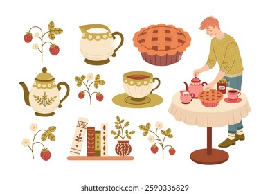 Vintage cottagecore set with tea party elements, cake, tea, cup, kettle and a guy setting the table. Collection of decorative elements of cottage. Vector illustration.  
