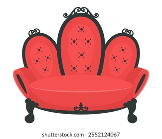 Sofá de Antiguas aislado sobre fondo blanco. Sofá antiguo con Elementos tallados. Icono de Antiguas. Asiento real de lujo con tapicería roja. Muebles clásicos antiguos en estilo victoriano. Interior retro. Vector 