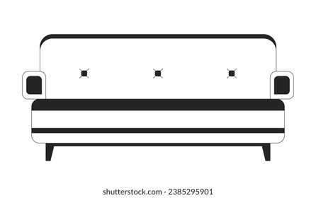 Vintage couch leather black and white 2D line cartoon object. Tufted upholstery furniture isolated vector outline item. Buttoned chesterfield. Sofa modern monochromatic flat spot illustration