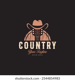 Logotipo de música country vintage com chapéu de Cowboy e guitarra