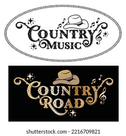 Vintage Country Music Vector With Rope Cowboy Hat And Gold Color Suitable For Cafe Logo