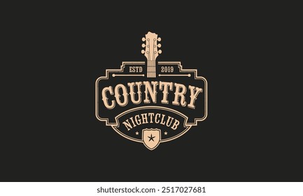 Logotipo da boate country vintage com guitarra e design de estilo ocidental.