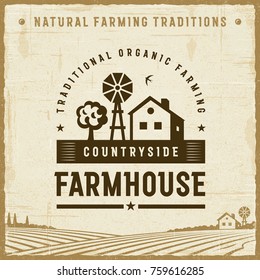 Vintage Countryside Farmhouse Label. Editable EPS10 vector illustration with clipping mask and transparency in retro woodcut style.