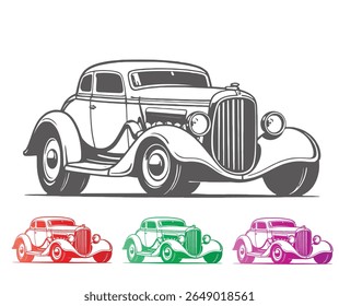 Um vintage coupe carro ilustração em cinza, com três versões coloridas adicionais em vermelho, verde e roxo.