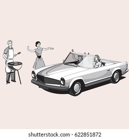 Vintage couple barbecues as a family drives by in a convertible car.
