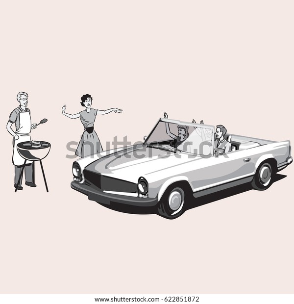 Vintage couple barbecues as a family drives by in\
a convertible car.\
