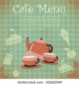 Vintage Cover Cafe Menu - Tea set on Retro background - vector illustration