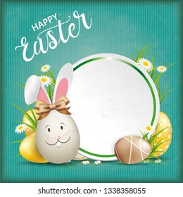 Vintage cover with easter eggs, grass, paper emblem and hare ears.. Eps 10 vector file.