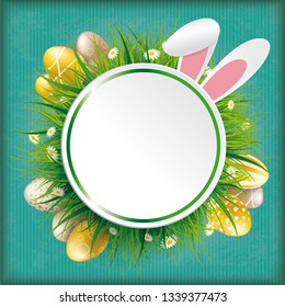 Vintage cover with easter eggs, grass, paper emblem and hare ears.. Eps 10 vector file.