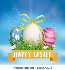 Vintage cover with ribbon and easter eggs in the grass on the blue sky background. Eps 10 vector file.