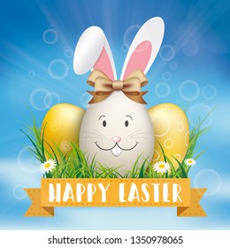 Vintage cover with ribbon, hare and easter eggs in the grass on the blue sky background. Eps 10 vector file.