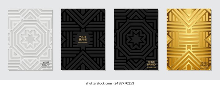 Vintage cover set, abstract vertical templates. A collection of embossed, geometric backgrounds with ethnic gold 3D patterns. Exotic of the East, Asia, India, Mexico, Aztec in handmade, boho style.