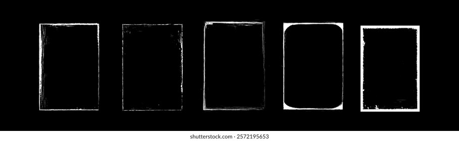 Vintage covers set isolated on black background. Vector realistic illustration of scratched rectangular frames with grungy grainy texture, worn record mockup with blank surface and uneven white edges