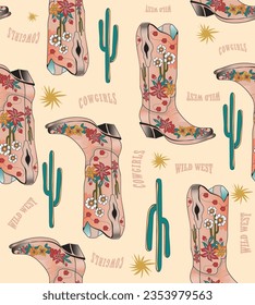 Vintage cow girls boot pattern in vector art, Cowboy Western Boho Cactus Warm Earthy Colors Vector Pattern Collection. Different assets Sun, Snake, Cowboy boots