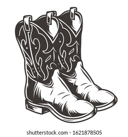 Vintage cowboy boots concept in monochrome style isolated vector illustration