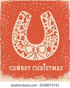 Vintage Cowboy Christmas vector illustration. Featuring beautifully designed horseshoe filled with festive icons such as Christmas trees, cowboy hats, rocking horses, snowflakes, and holiday gifts