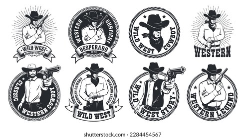 Vintage cowboy logos, or badges, features Wild West-inspired designs with classic Western elements. Cowboy lifestyle emblems. Vector illustration