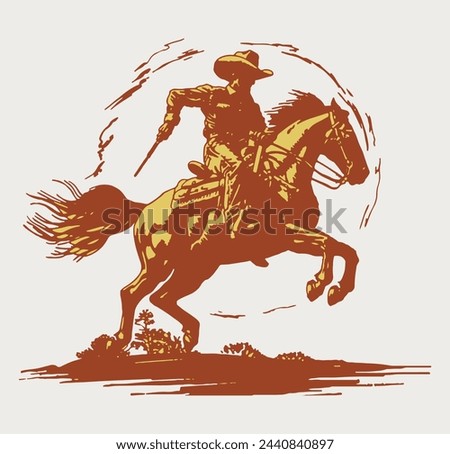 Vintage Cowboy on a Bronco Horse Jumping Western Rodeo Wild West Vector Illustration